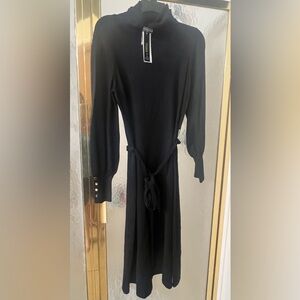 New with tag Elegant Maia Black Long-Sleeve belted midi sweater Dress